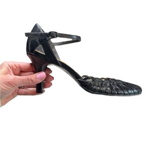 Nine West Black Leather Heels Sz 9.5M | Strappy Peep Toe Sandals | 3” Heel